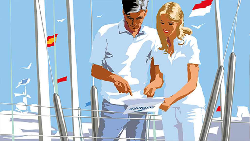 Illustration of a man and woman on deck looking at a pantaenius insurance paper