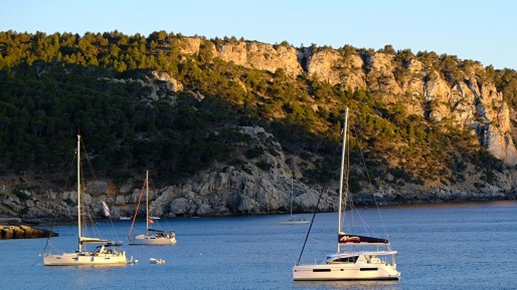Photo of sailing ships in the water in front of an island