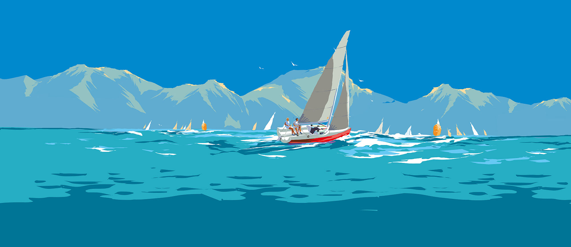 Illustration eines kleinen Segelbootes auf einem See