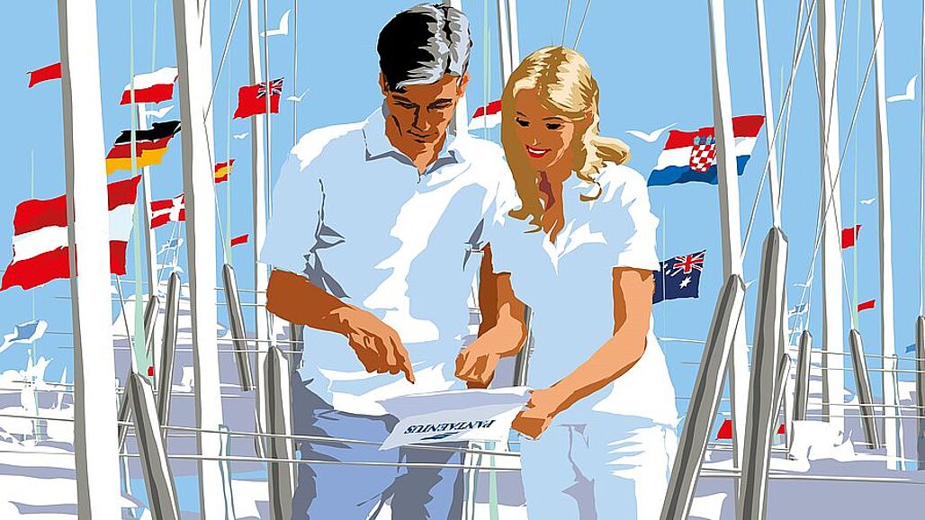 Illustration of a man and woman on deck looking at a pantaenius insurance paper