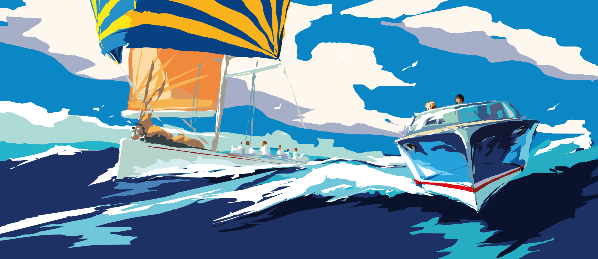 Illustration einer Motor- und Segelyacht nebeneinander im Wasser