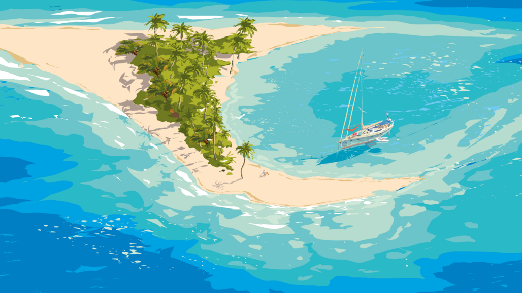 Illustration of a tropical island and a yacht in the water