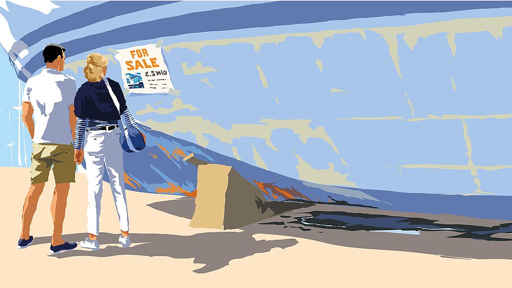 Απεικόνιση ενός ζευγαριού μπροστά από ένα πλοίο προς πώληση