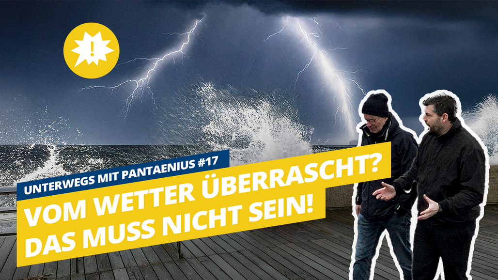 Bild-Collage mit Video-Titel und zwei Männern im Gespräch, Sturm im Hintergrund