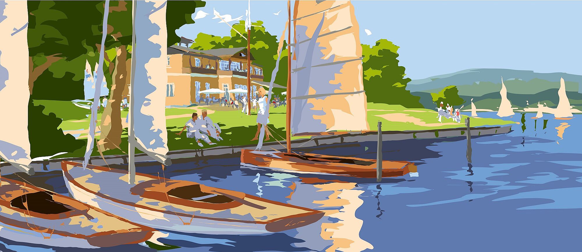 Illustration mehrerer Segelschiffe am Anlieger