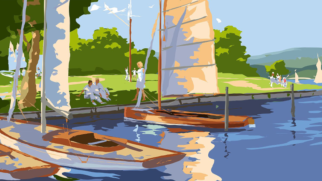 Illustration zweier kleiner Segelboote im Hafen mit Menschen an Land