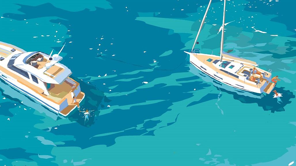 Illustration of a sailing boat and a motoryacht in the water