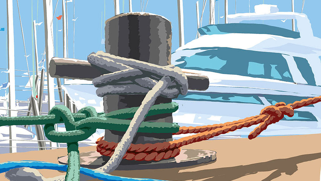 Illustration einer Yacht, im Vordergrund ein Poller mit mehreren Festmacherleinen