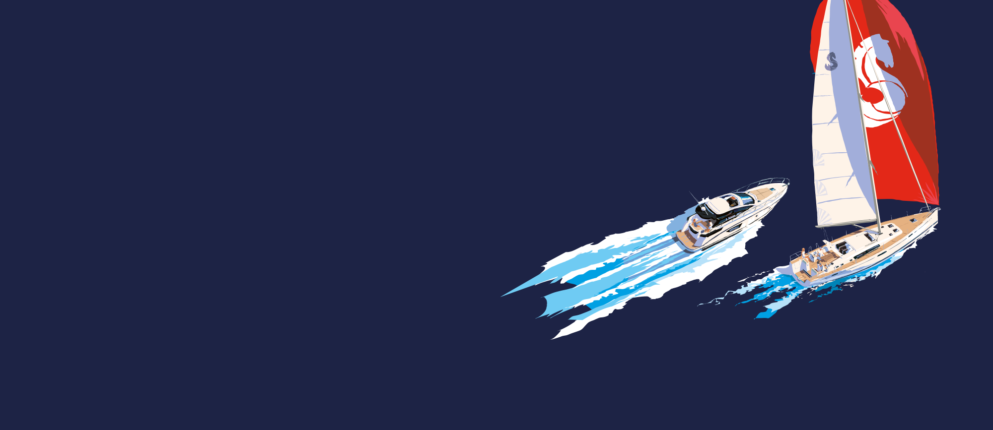 Illustration einer Motoryacht und einer Segelyacht im Wasser