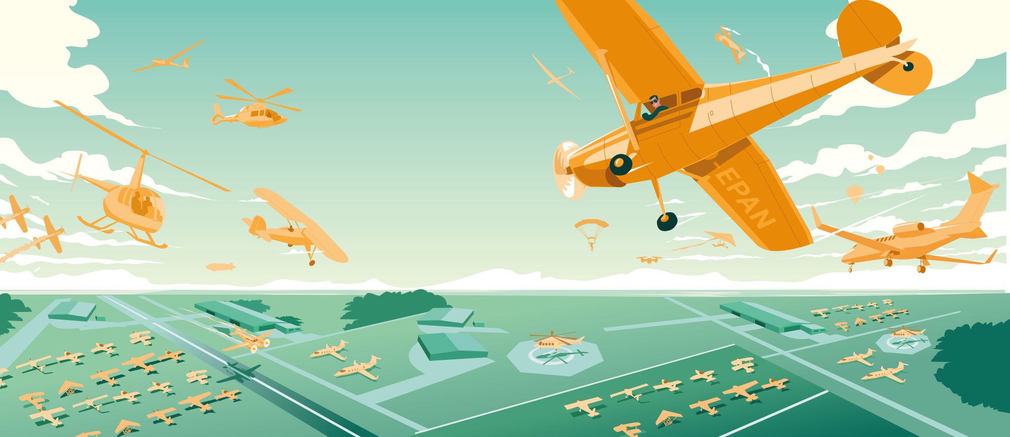 Illustration von verschiedenen Luftfahrzeugen in der Luft