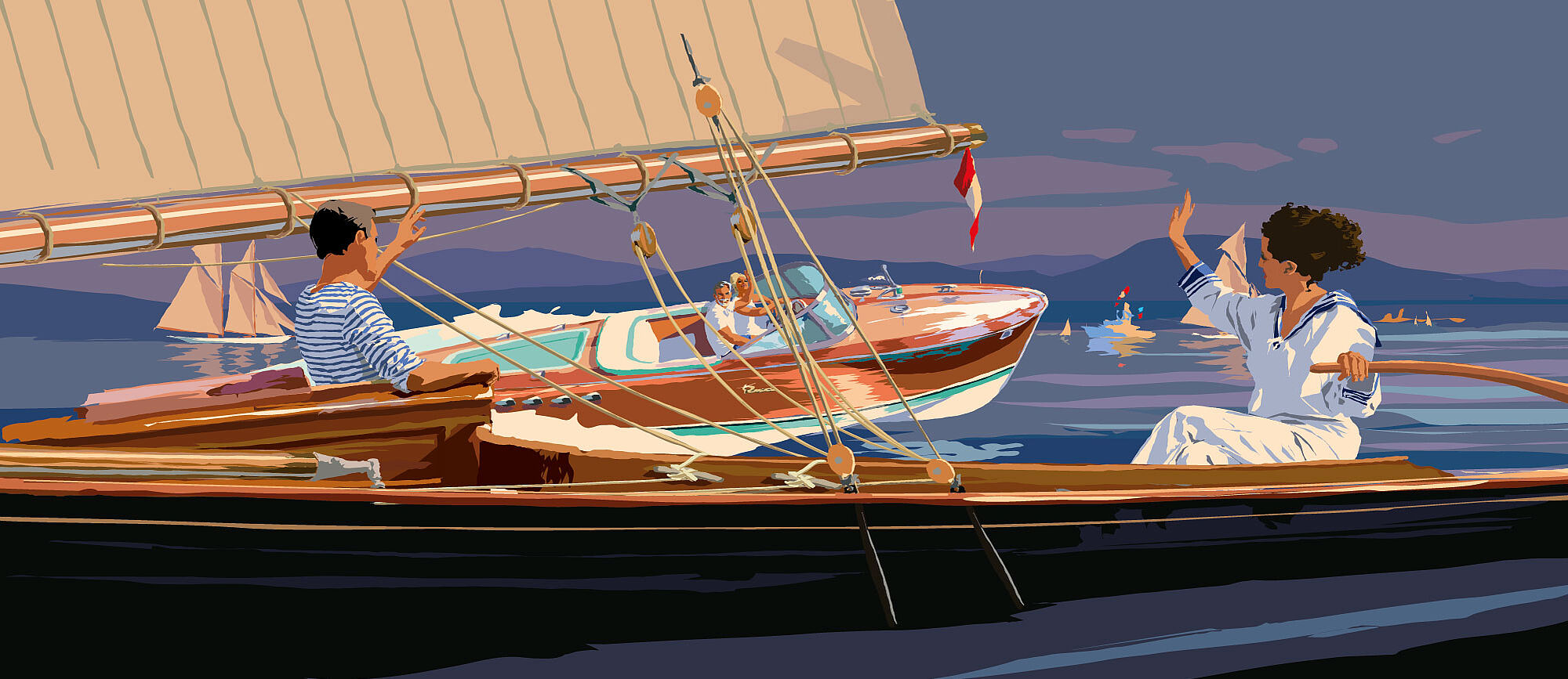 Illustration einer klassischen Yacht auf einem See