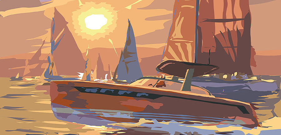 Illustration von Motorboot und Segelbooten im Sonnenuntergang