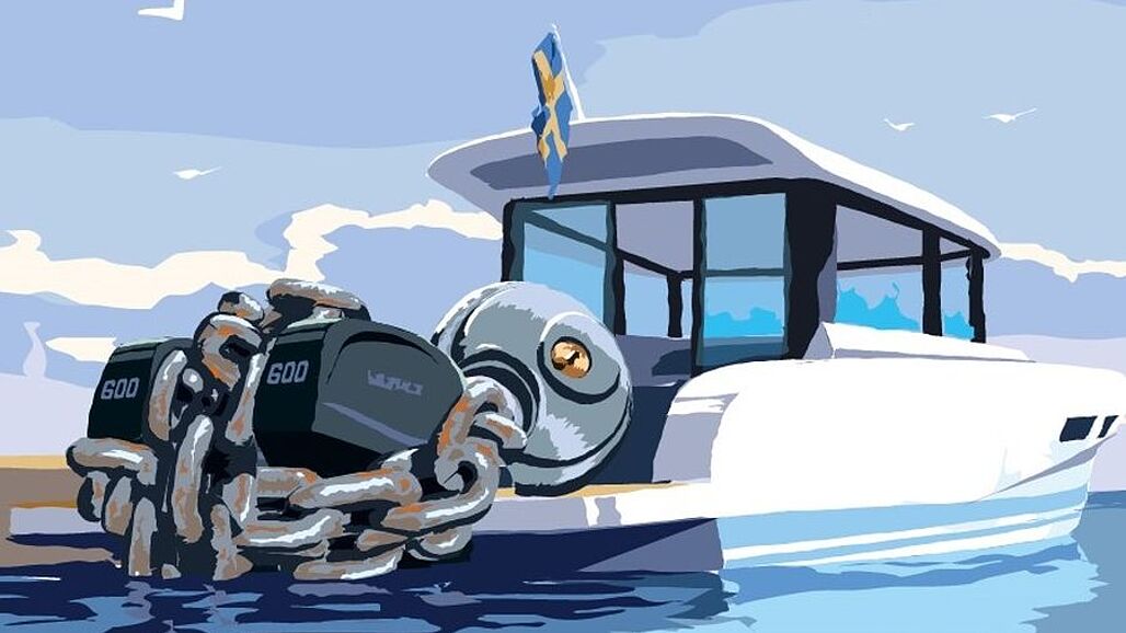 Illustrasjon av en båt med en tykk kjetting rundt utombordsmotorer