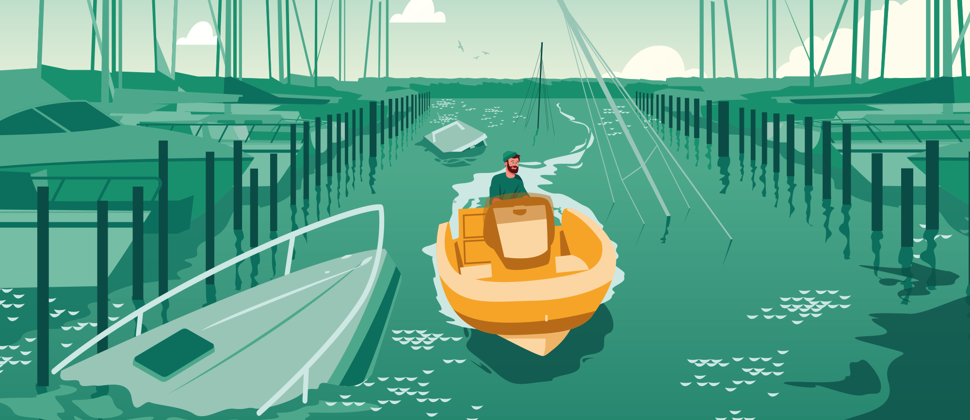 Illustration von einem Hafen mit gesunkenen Booten