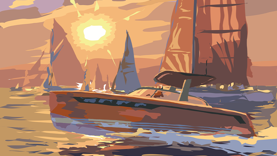 Illustration d'un bateau à moteur et de voiliers au coucher du soleil