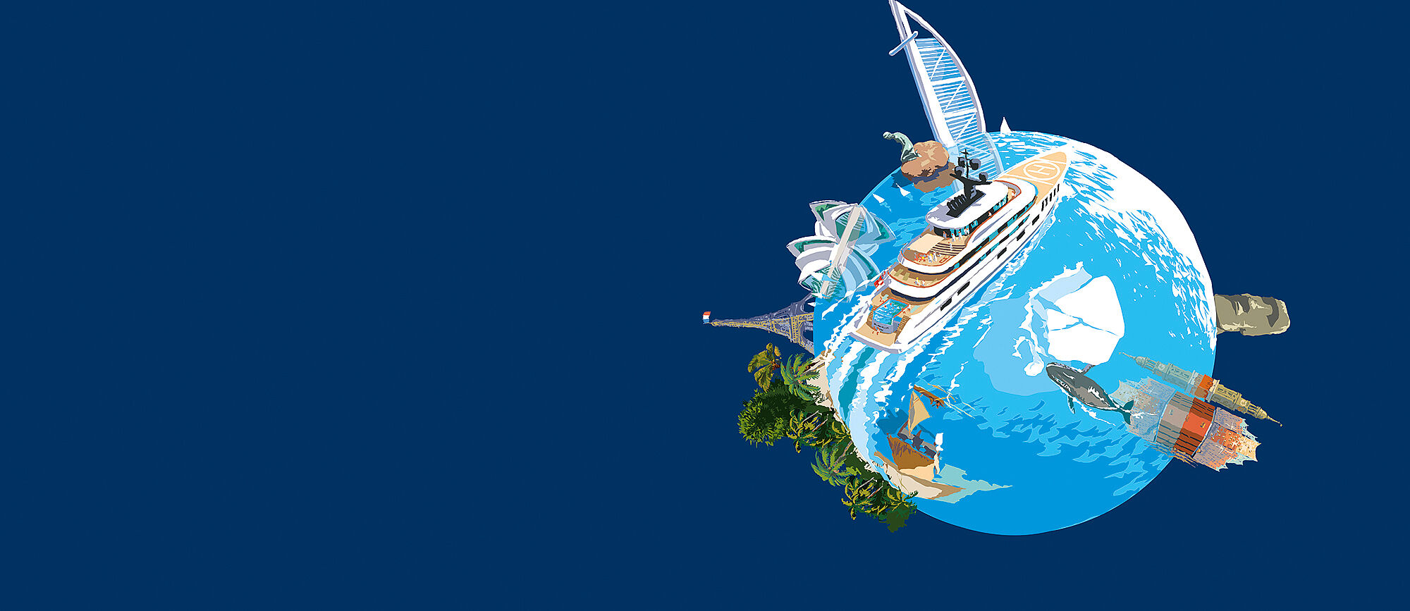 Illustration of a globe with a big yacht sailing around it and various monuments